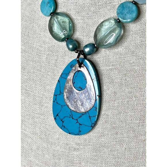 Artisan Silver 925 Amazonite Crystal, Pearl, Faux Turquoise Statement Necklace - Picture 2 of 6